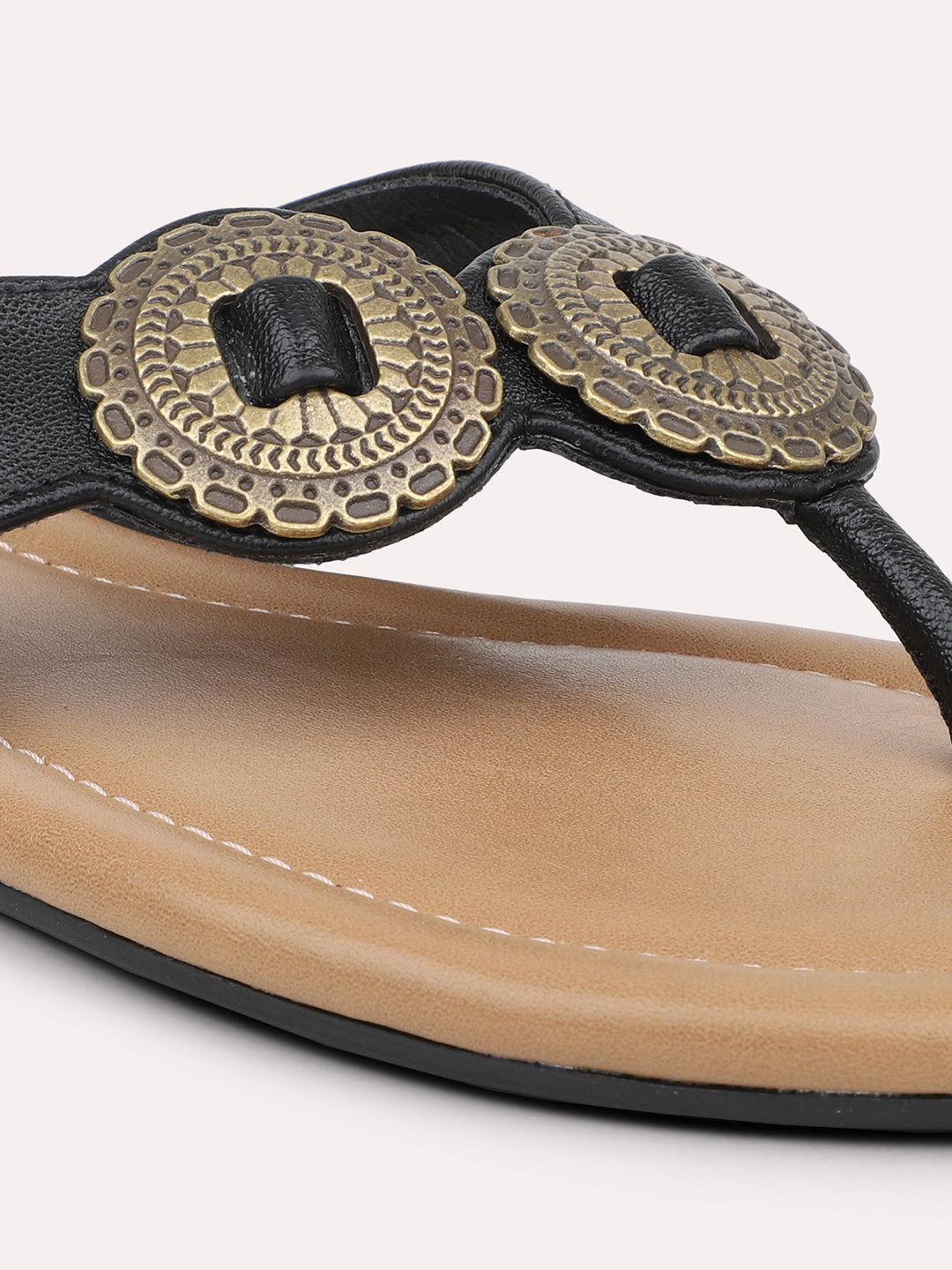 Women Black Open Toe Flats with Embellished Detail