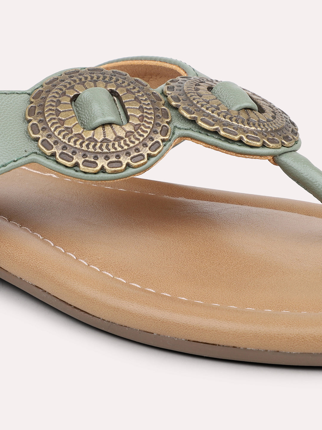 Women Green Open Toe Flats with Embellished Detail