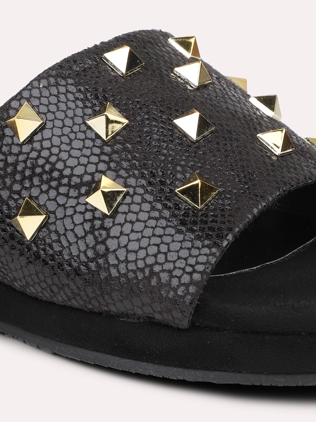 Women Black Square Metal Studded Wedges Heels