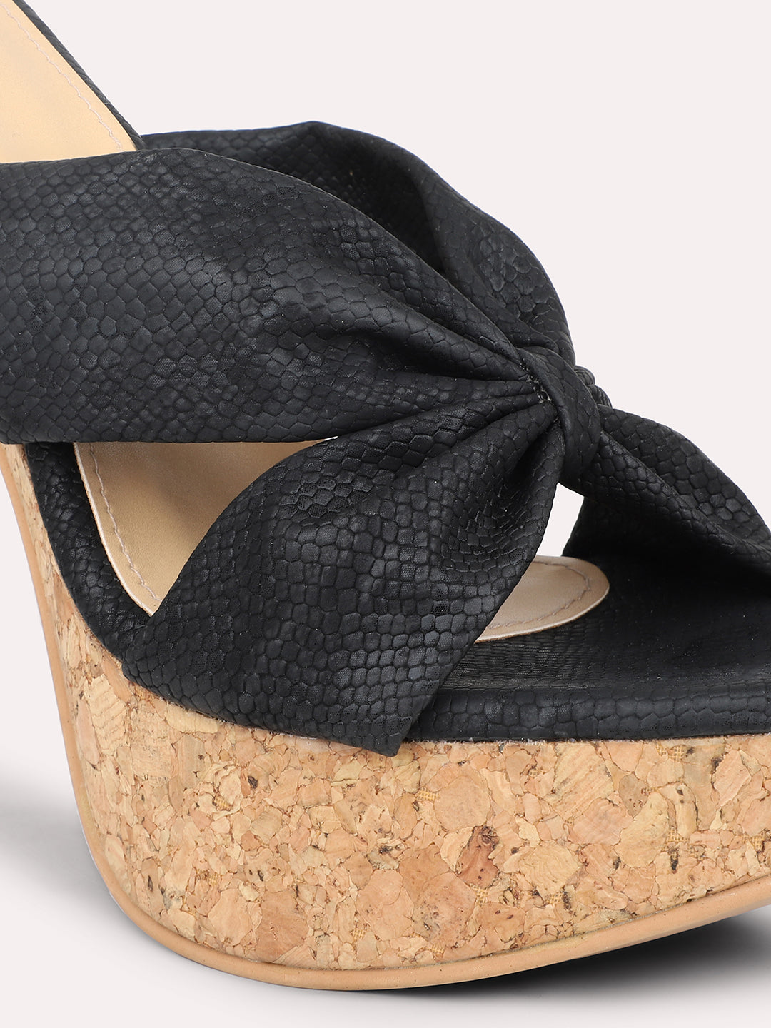 Women Black Textured Platform Heels