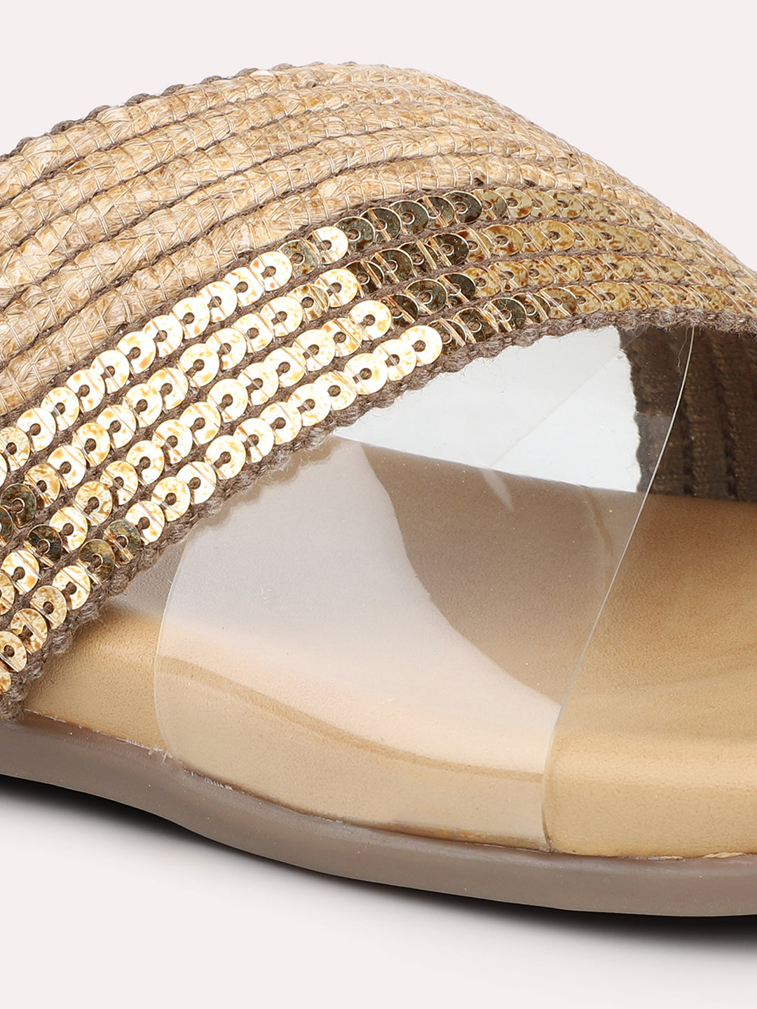 Women Dark Beige Embellished Open Toe Flats