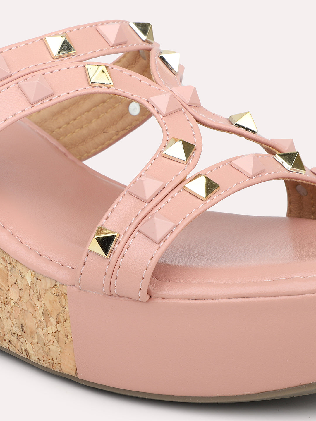 Women Peach Studded Open Toe Wedge Heels