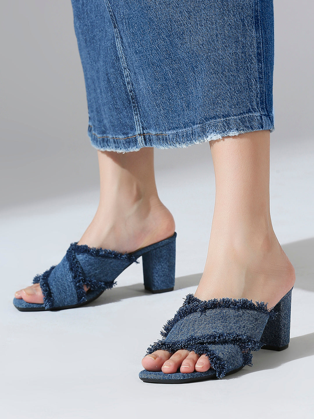 Buy Now Women Blue Open Toe Denim Block Heels