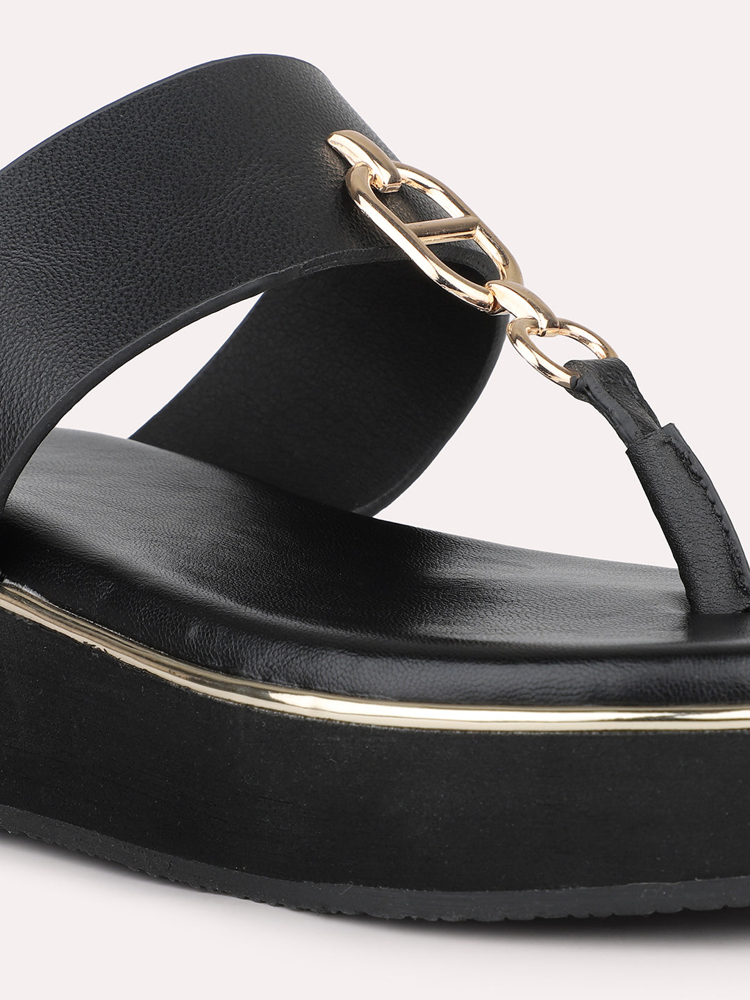 Women Black And Gold-Toned Open Toe Comfort Sandals with Buckles