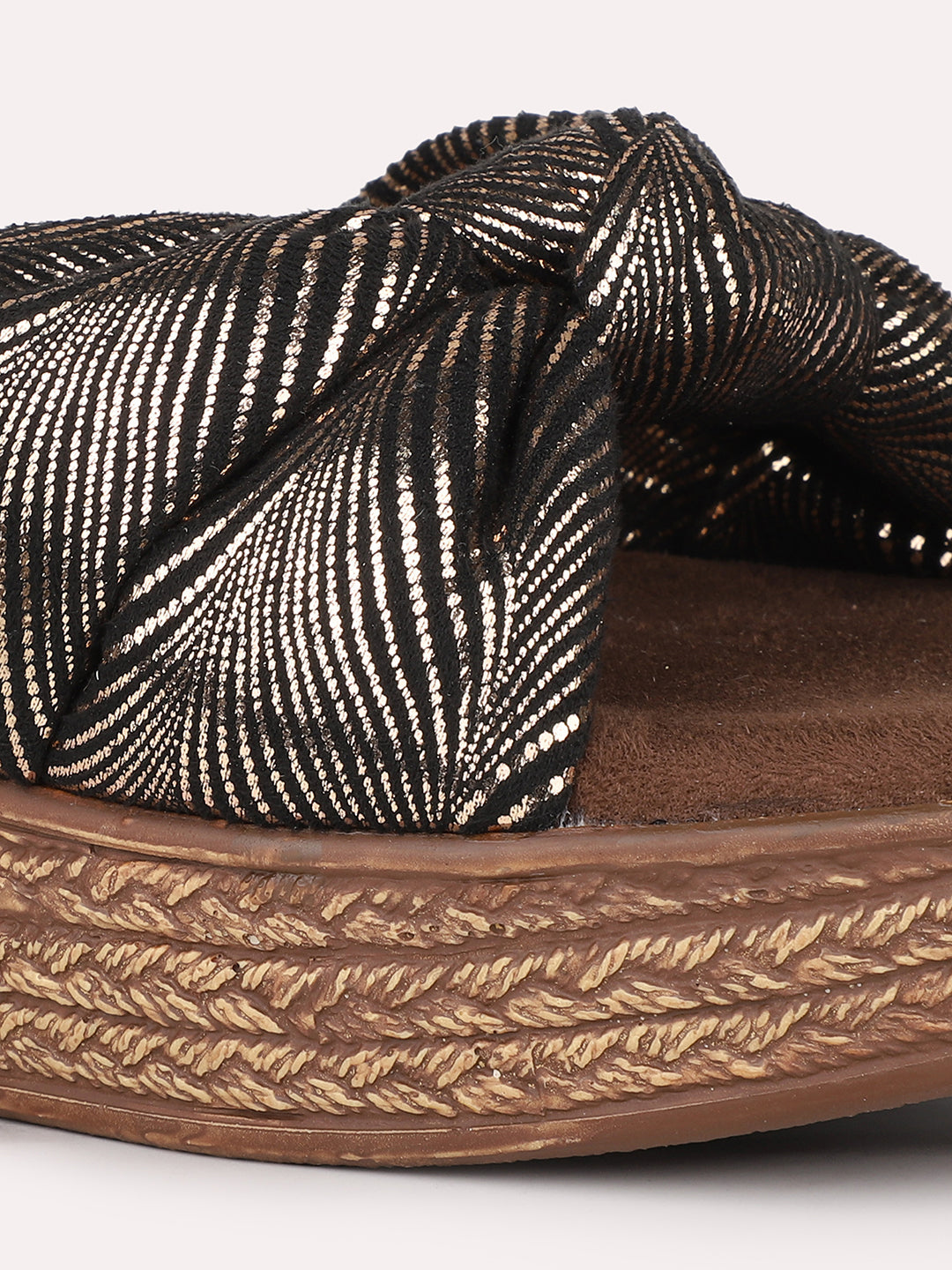 Women Antique Metallic Print Wedge Sandals With Knot Detail