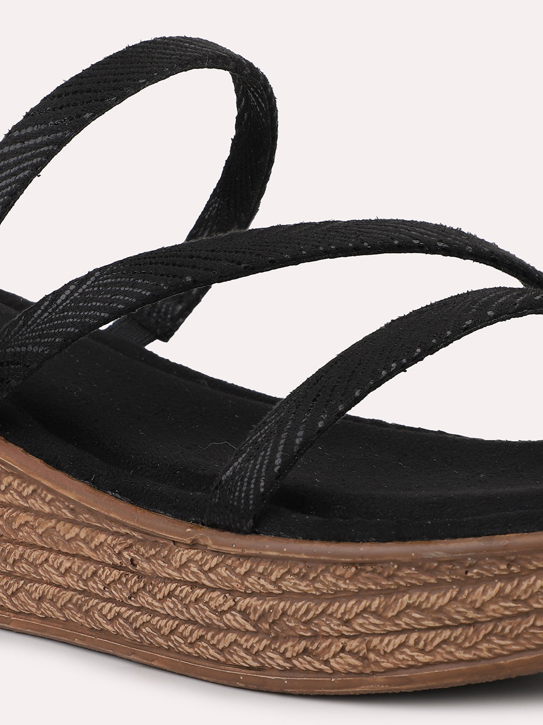 Women Black Strappy Metallic Printed Wedge Heels