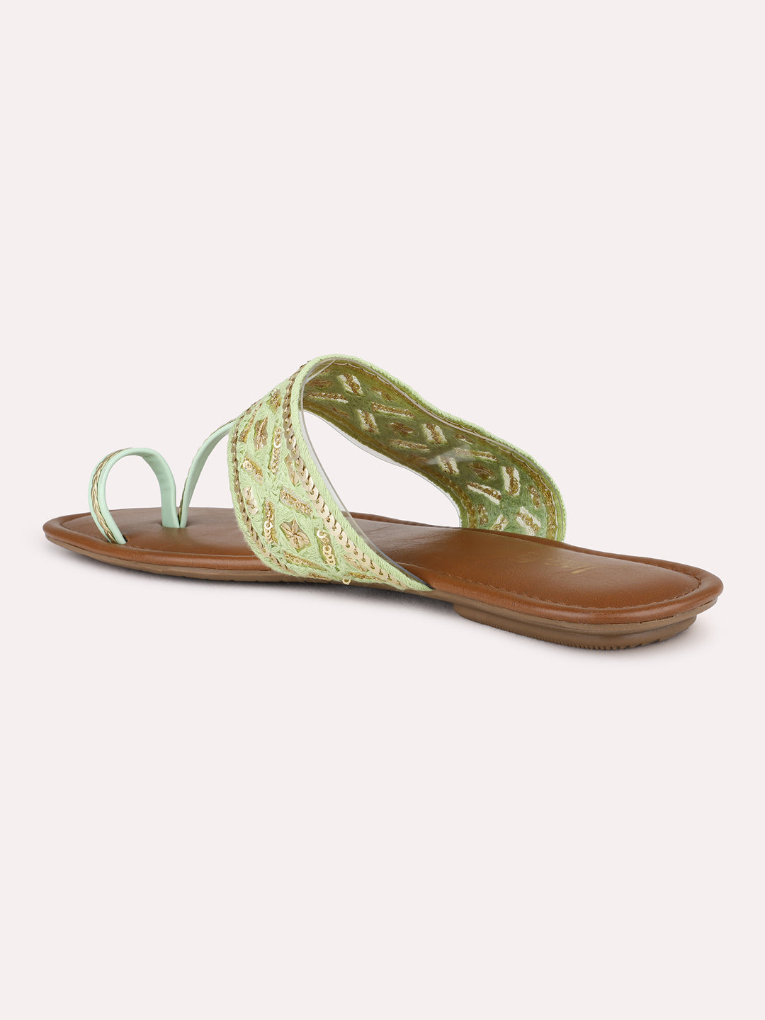 Womens Green Ethnic Embellished T-Strap Flat Slip-On Sandals