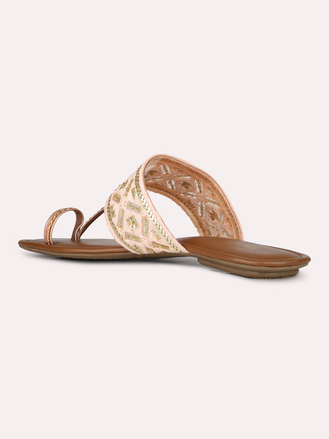 Womens Rose Gold Casual Embellished One Toe Slip-On Flat Sandals