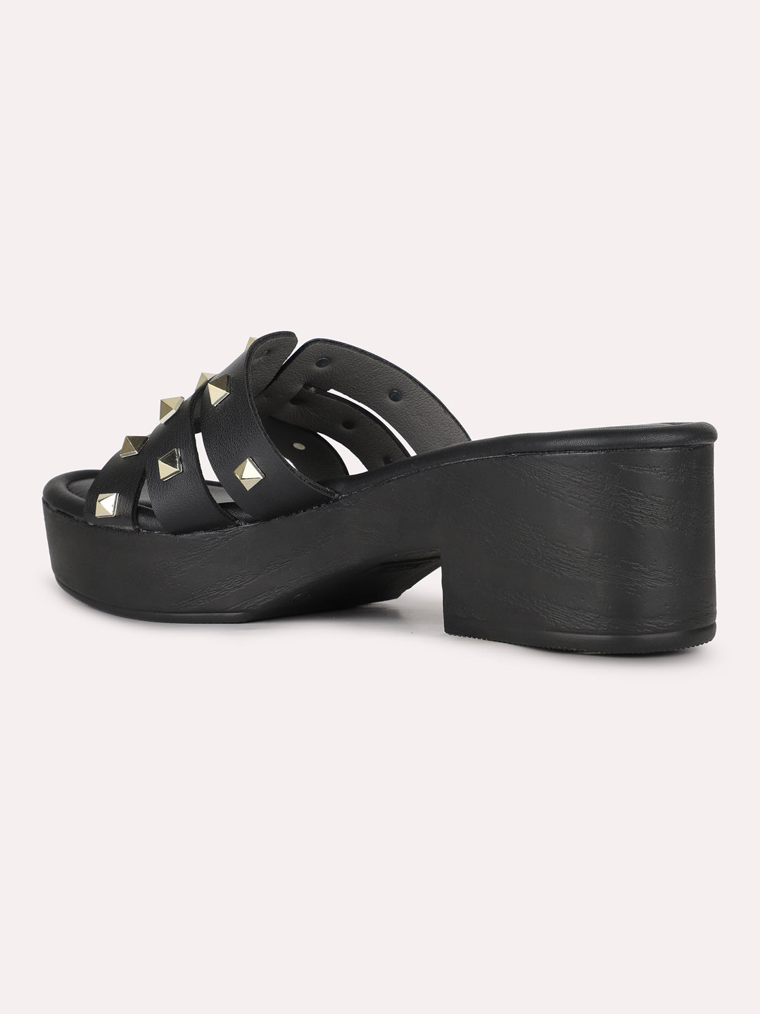 Women Black Party Wear Embellished Round Toe Platform Heels