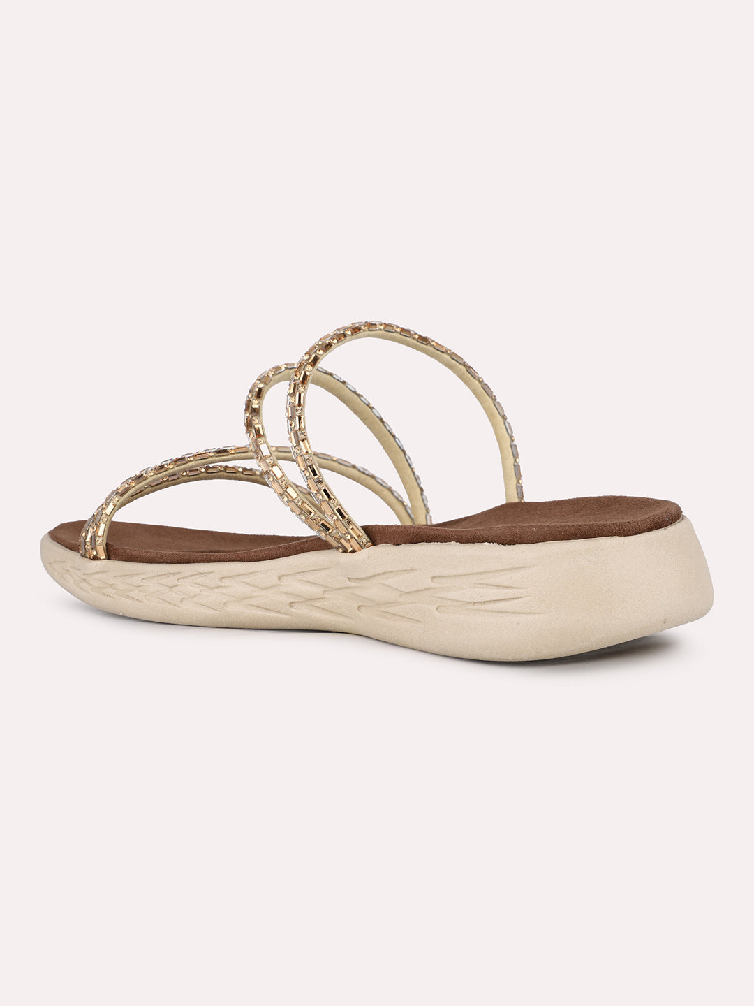 Women Golden Ethnic Embellished Open Toe Slip-On Flat Sandals