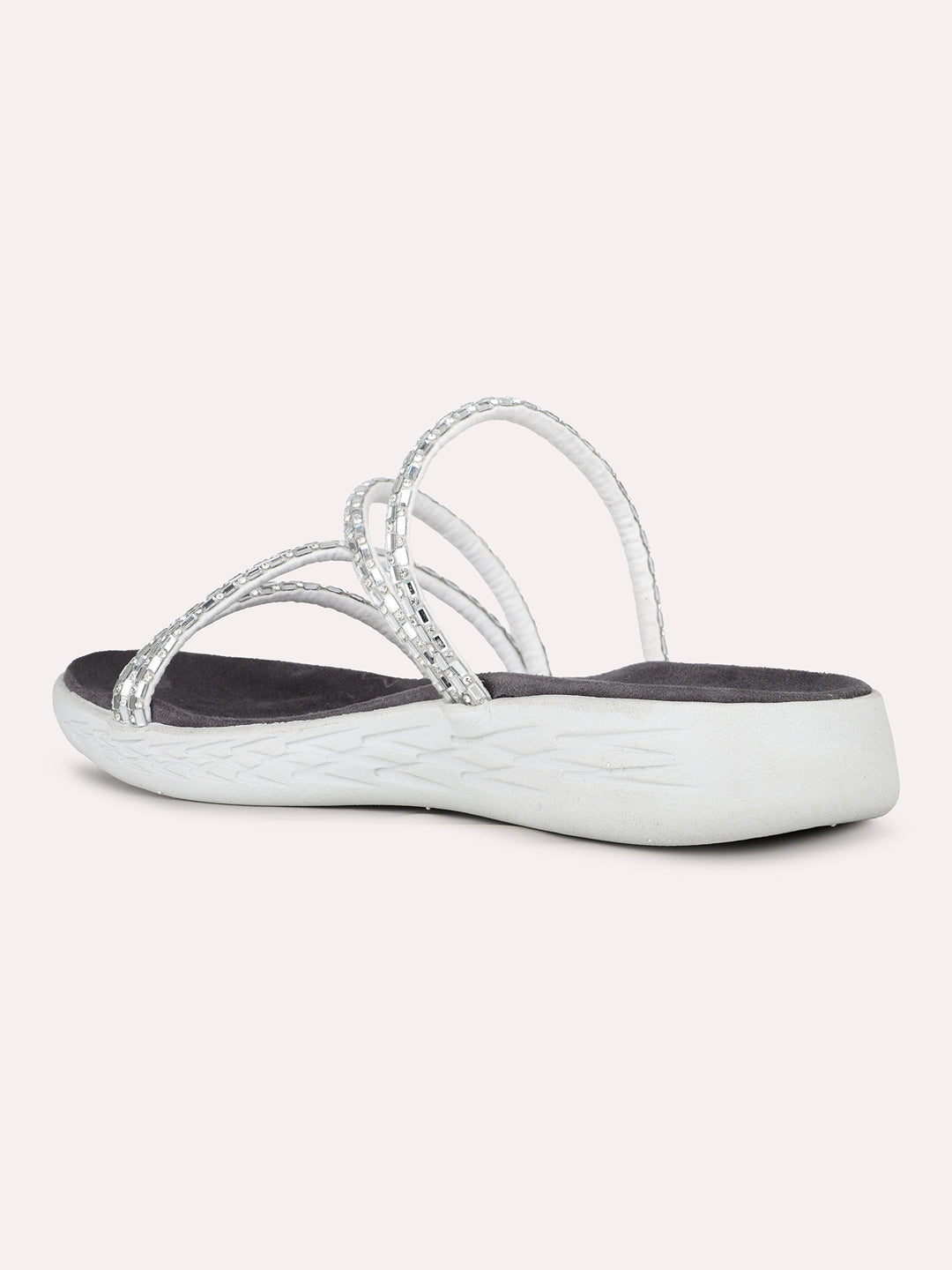 Women Silver Ethnic Embellished Open Toe Slip-On Flat Sandals