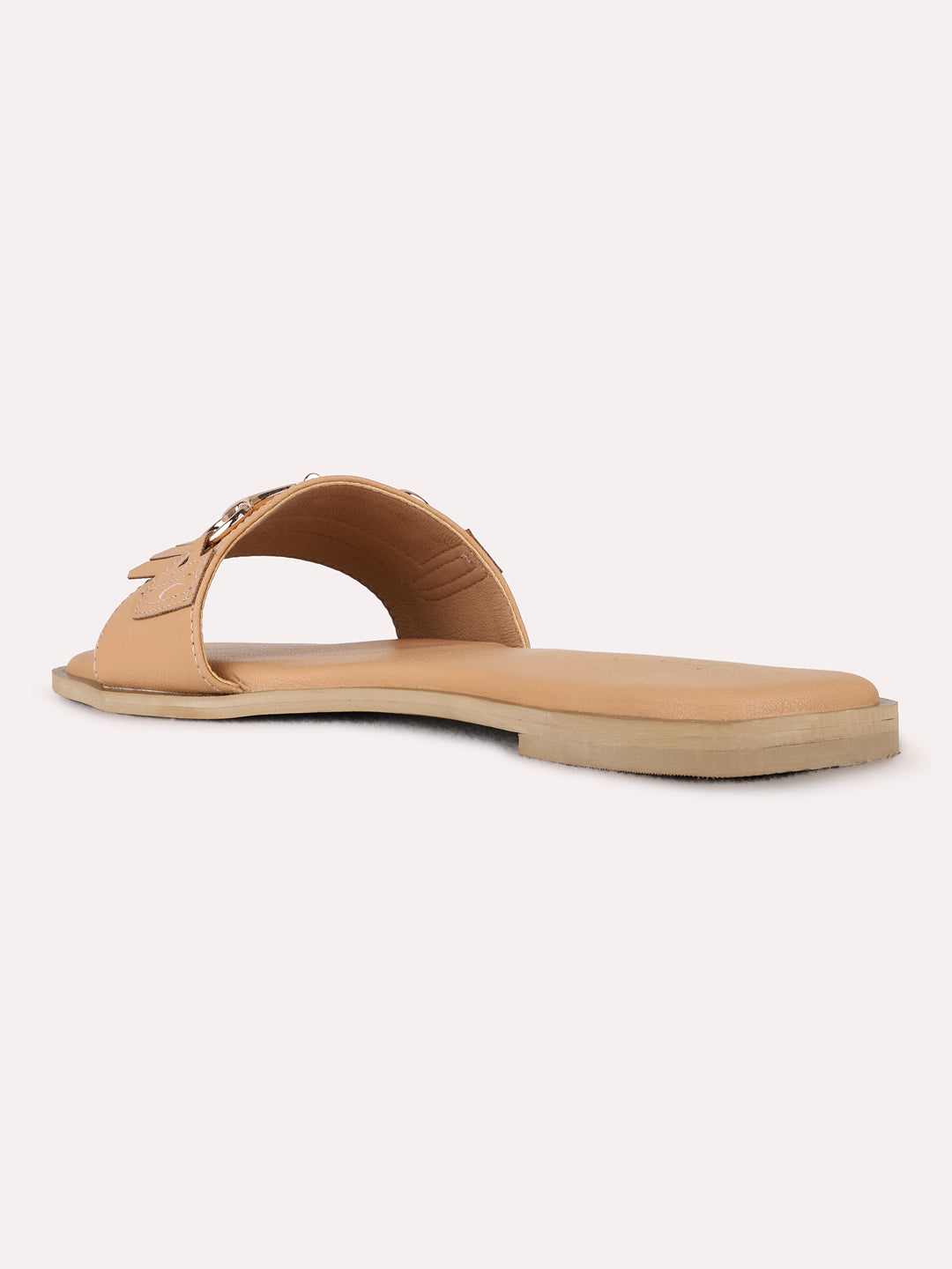 Womens Beige Casual Solid Open Toe Flat Slip-On Sandals