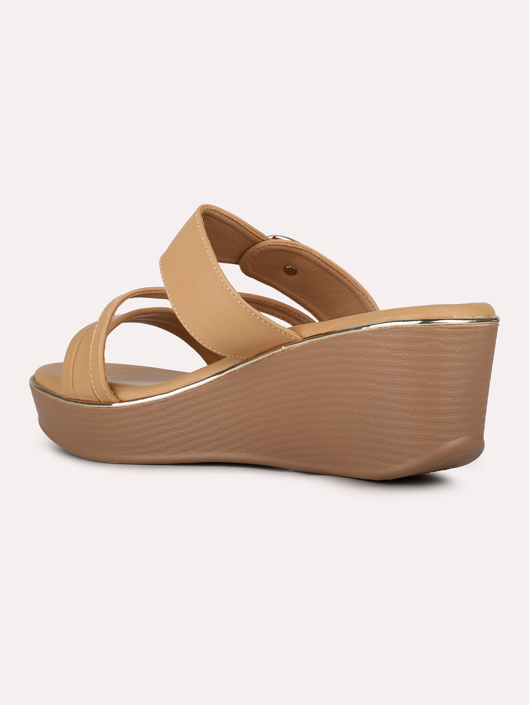 Women Beige Party Wear Solid Pattern Round Toe Wedge Heels