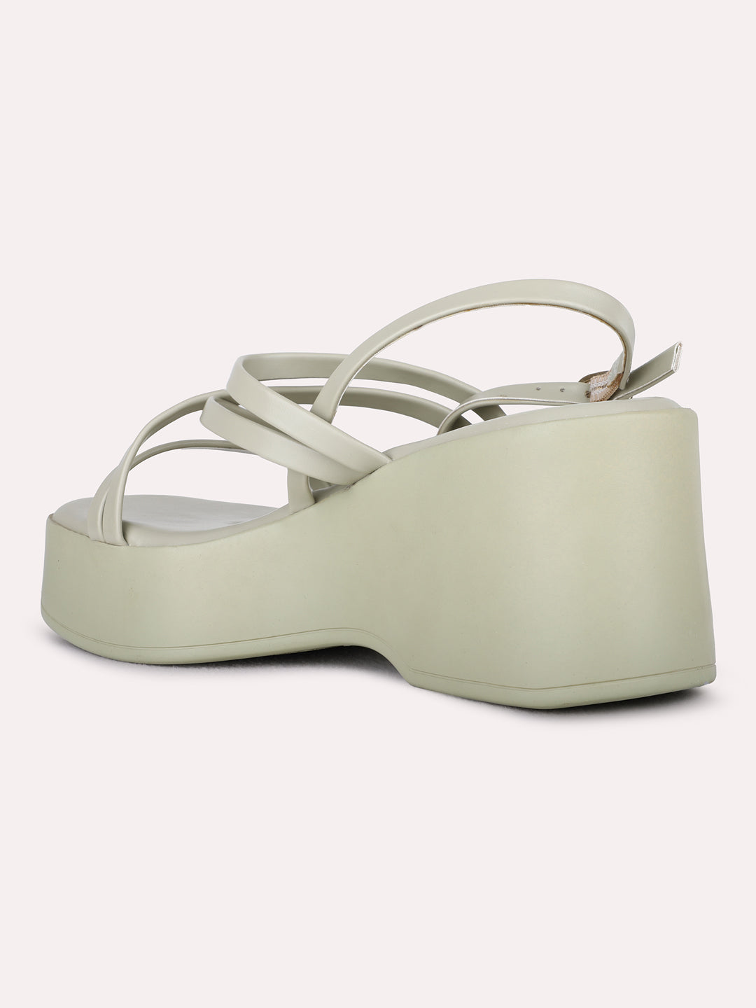 Womens Green Party Wear Striped Round Toe Platform Heel Sandals