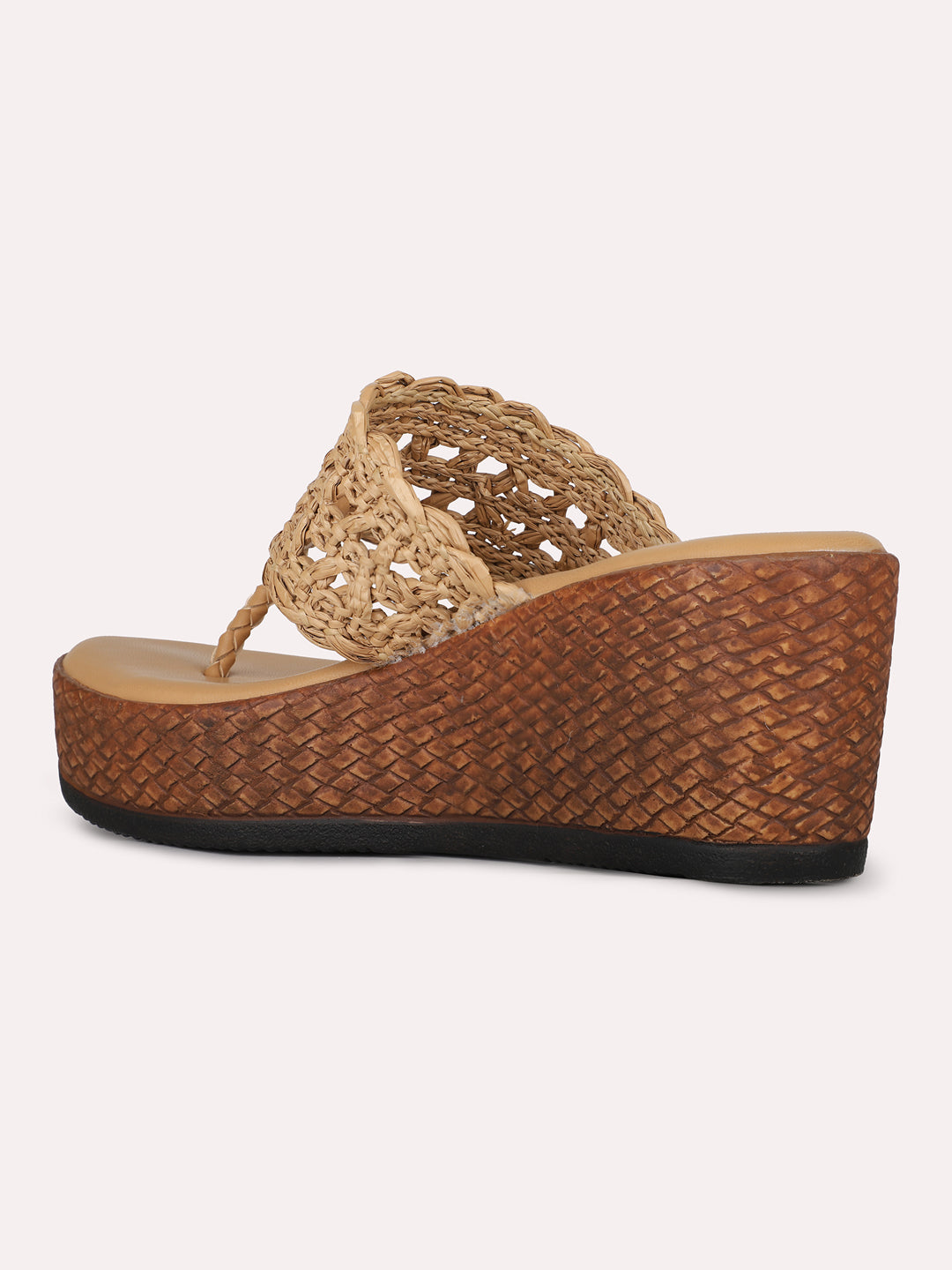 Womens Beige Ethnic Embellished Round Toe Wedge Heel Sandals