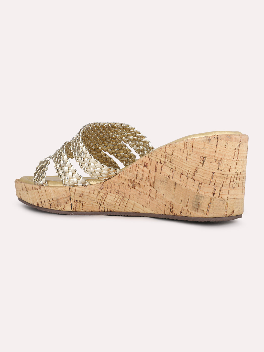 Women Golden Ethnic Embellished Round Toe Wedge Heel Sandals