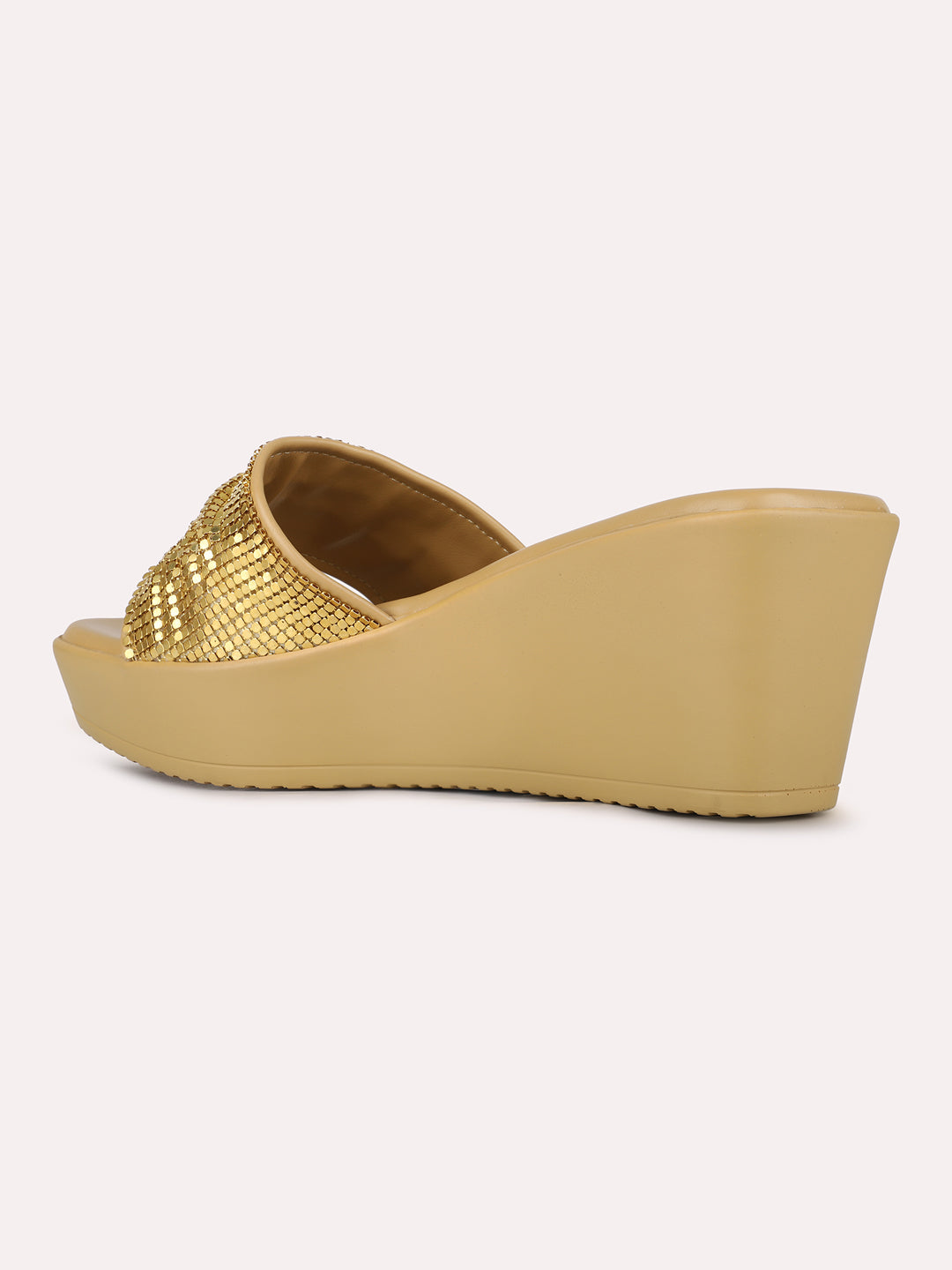 Womens Golden Ethnic Round Toe Wedge Heel Sandals
