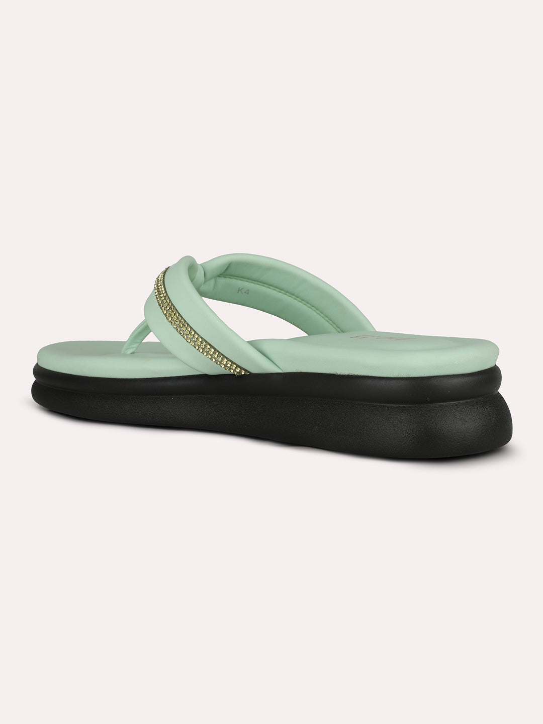 Women Green Casual Embellished T-Strap Slip-On Flat Sandals