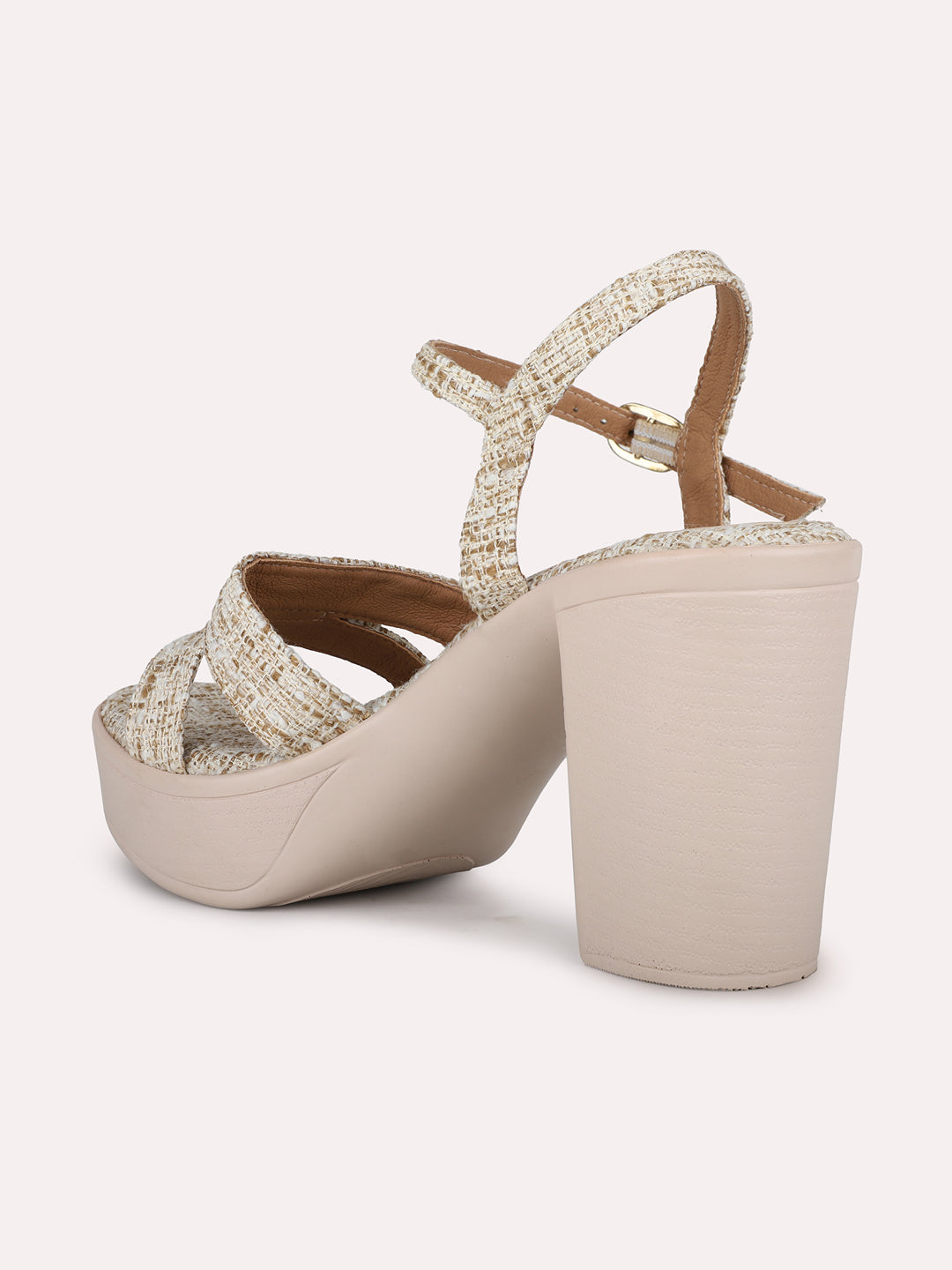 Womens Beige Party Wear Printed Round Toe Platform Heel Sandals