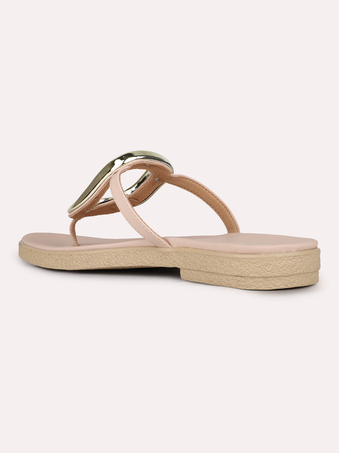 Womens Peach Casual Solid T-Strap Slip-On Flat Sandals
