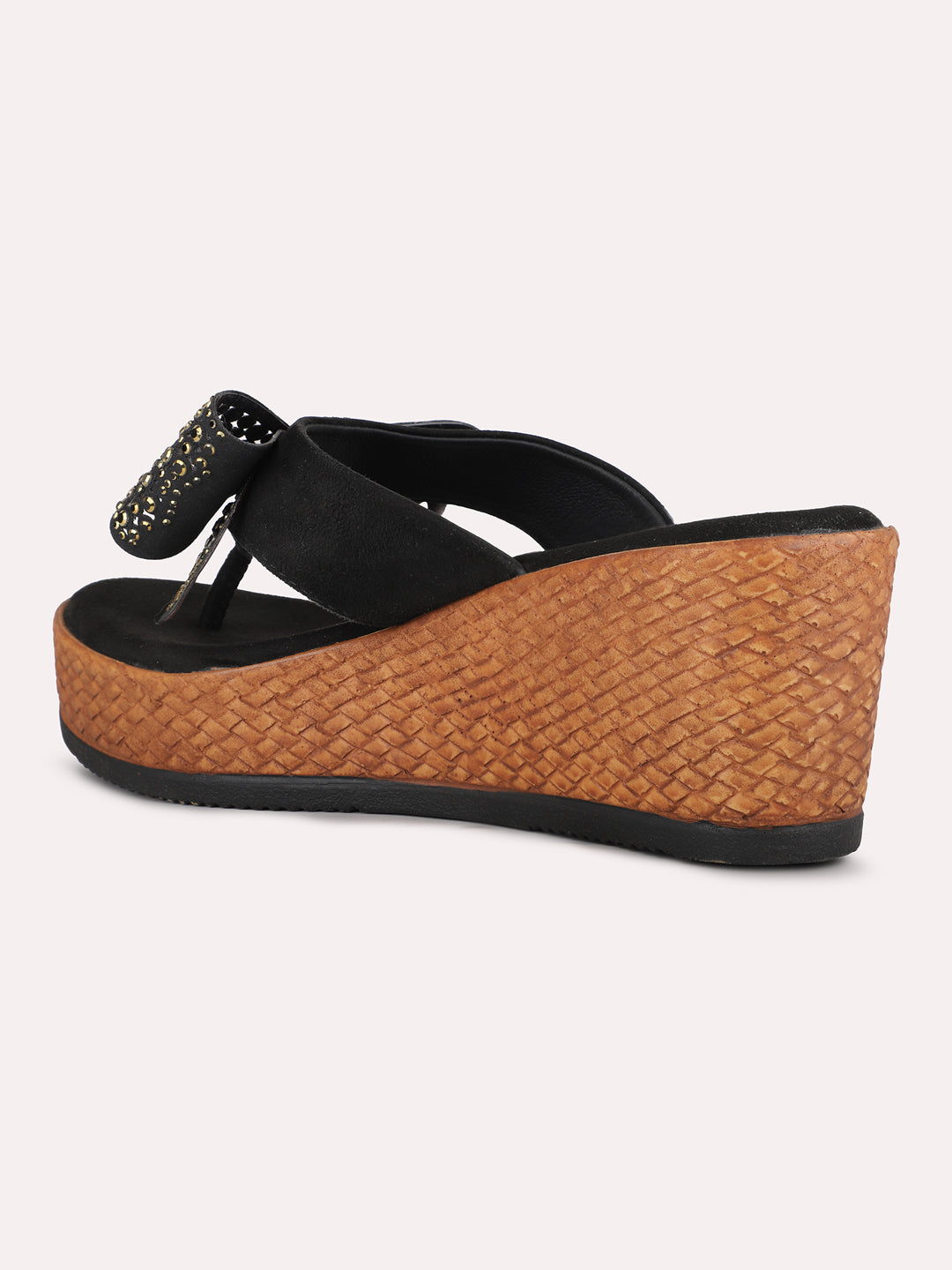 Women Black Ethnic Solid Round Toe Wedge Heel Sandals