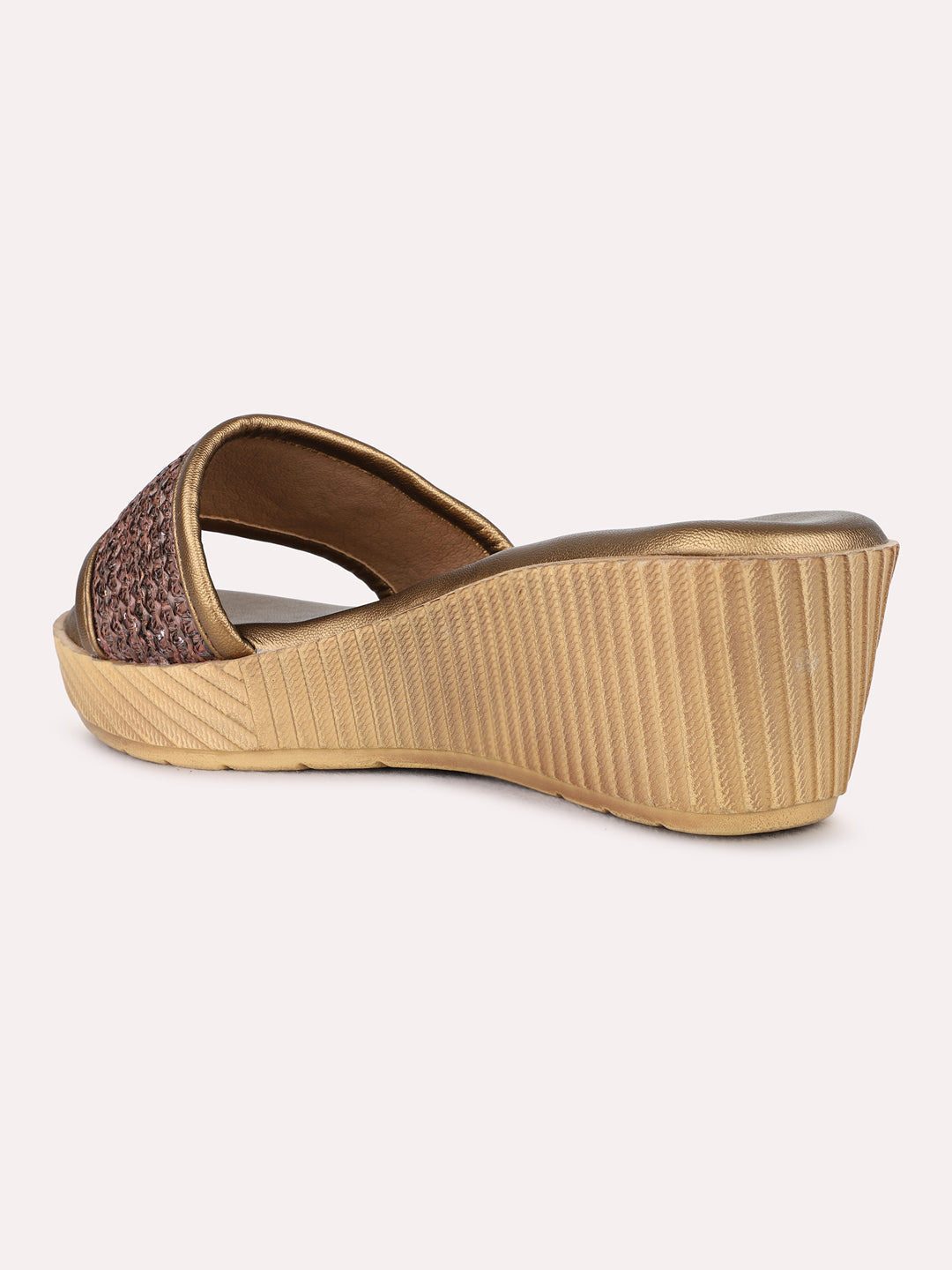 Womens Golden Ethnic Wear Textured Round Toe Wedge Heels