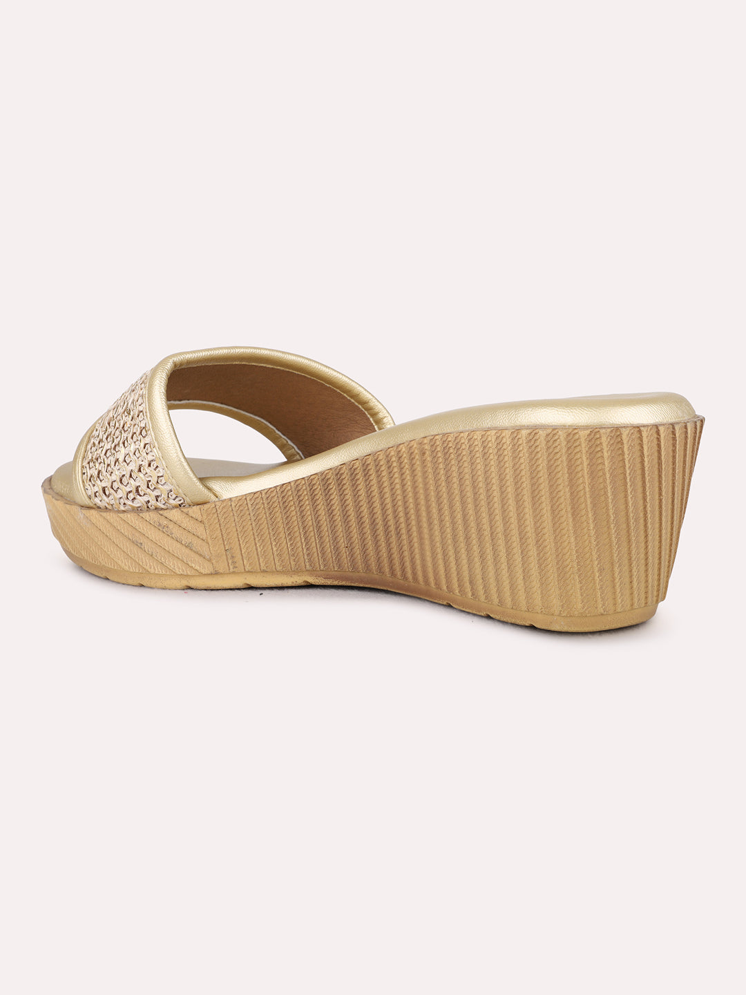 Womens Golden Ethnic Wear Textured Round Toe Wedge Sandals
