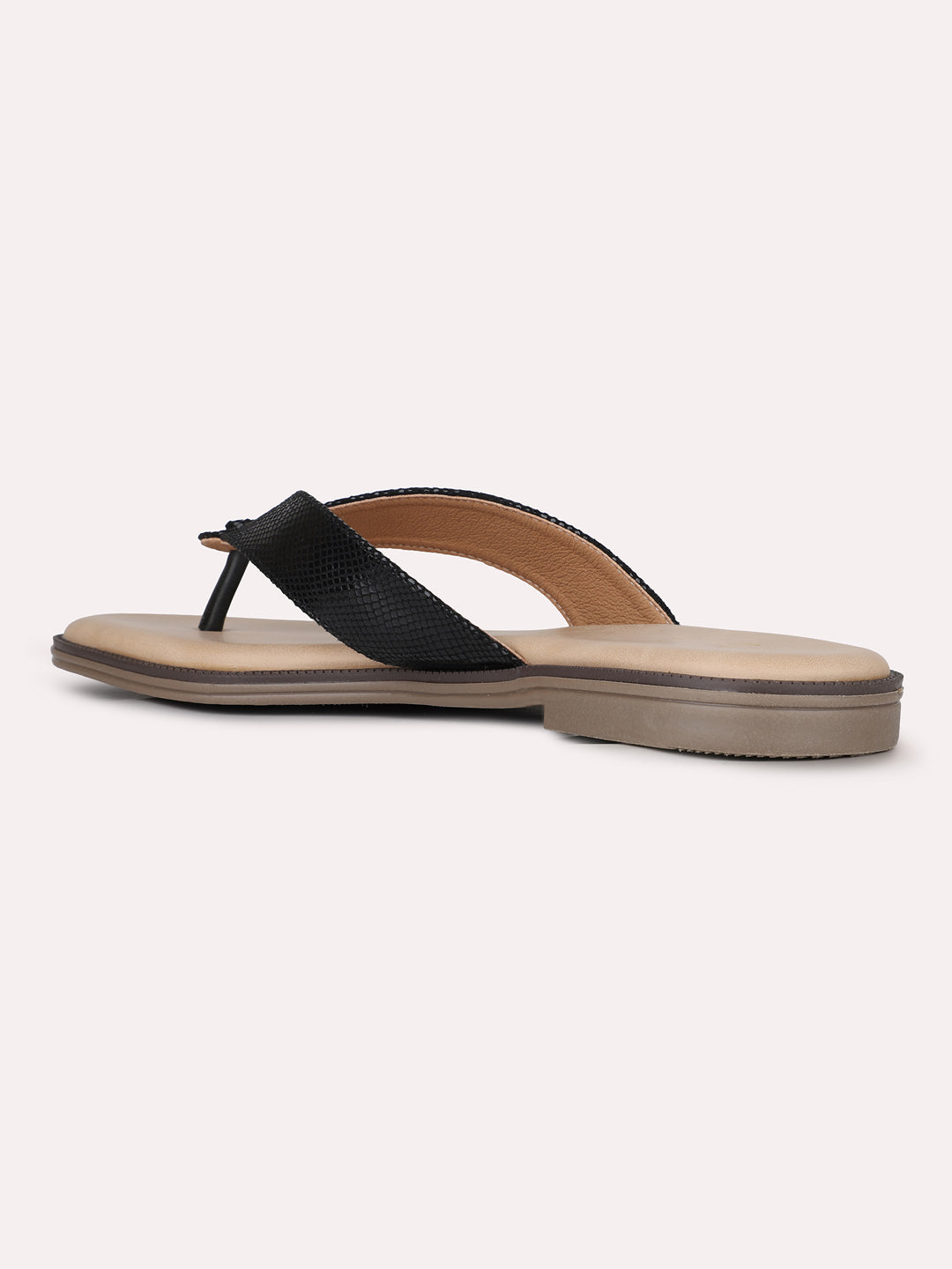 Womens Black Casual Solid T-Strap Slip-On Flat Sandals