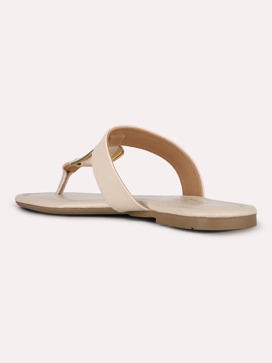 Women Beige Casual Solid T-Strap Flats Slip-On Sandals