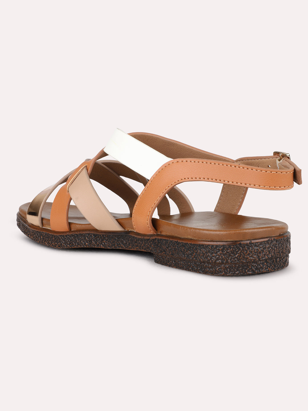 Womens Tan Casual Striped Open Toe Flat Sandals