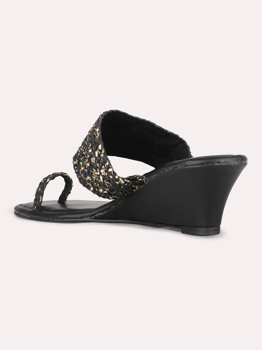 Women Black Ethnic Solid Square Toe Wedge Heel Sandals