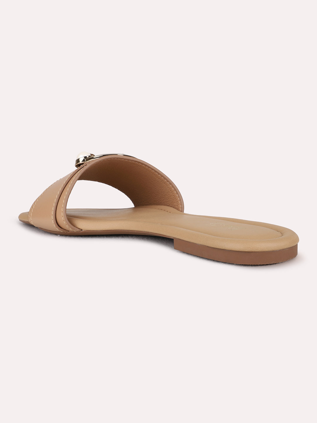 Womens Beige Casual Solid Open Toe Flat Slip On Sandals