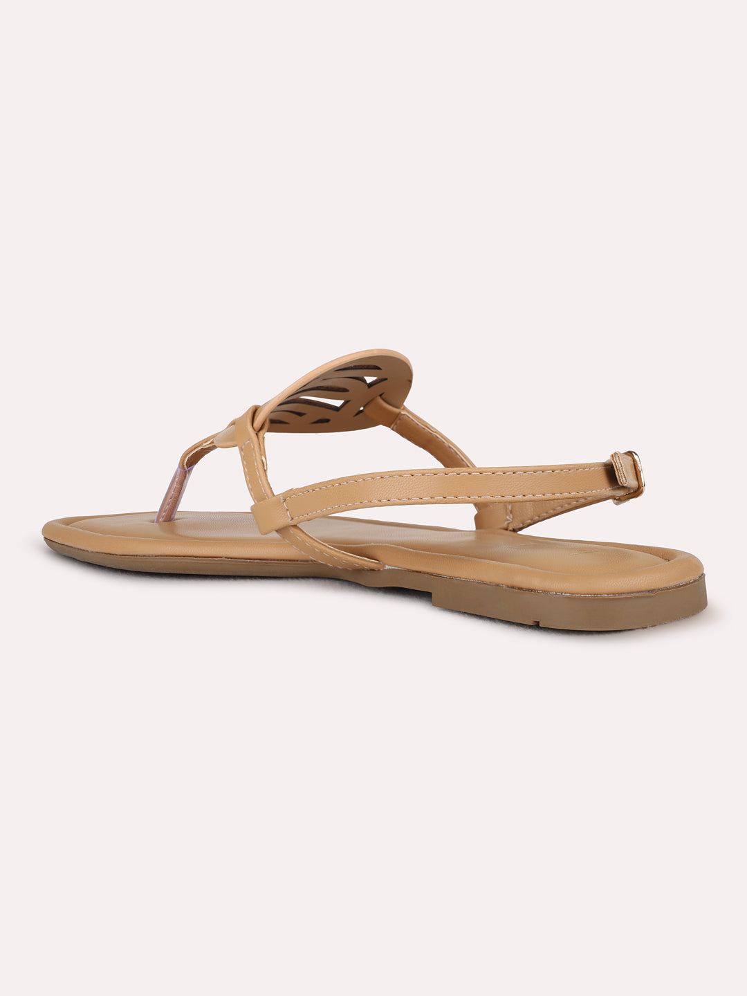 Womens Beige Casual Striped T-Strap Flat Sandals