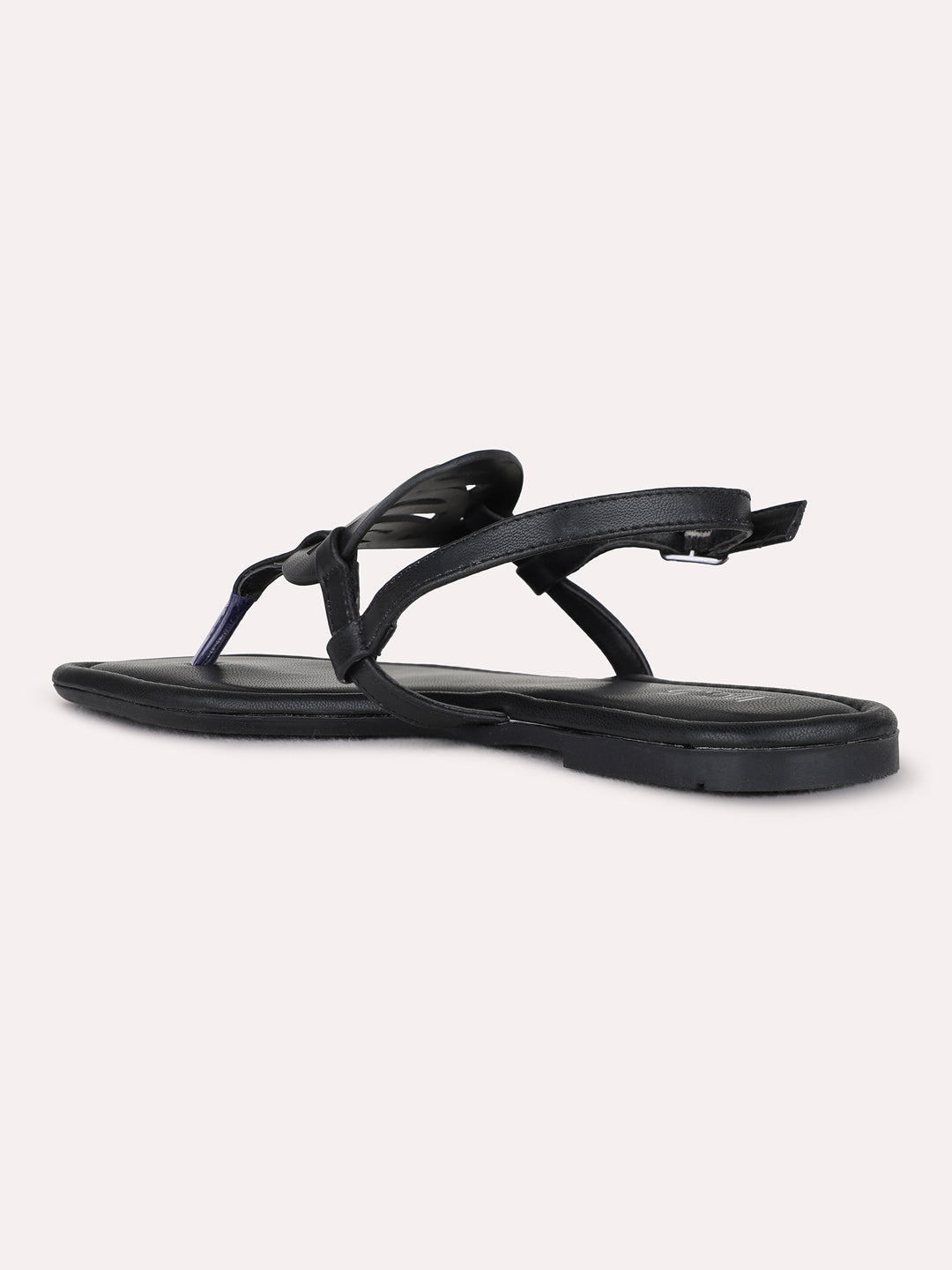Womens Black Casual Striped T-Strap Flat Sandals