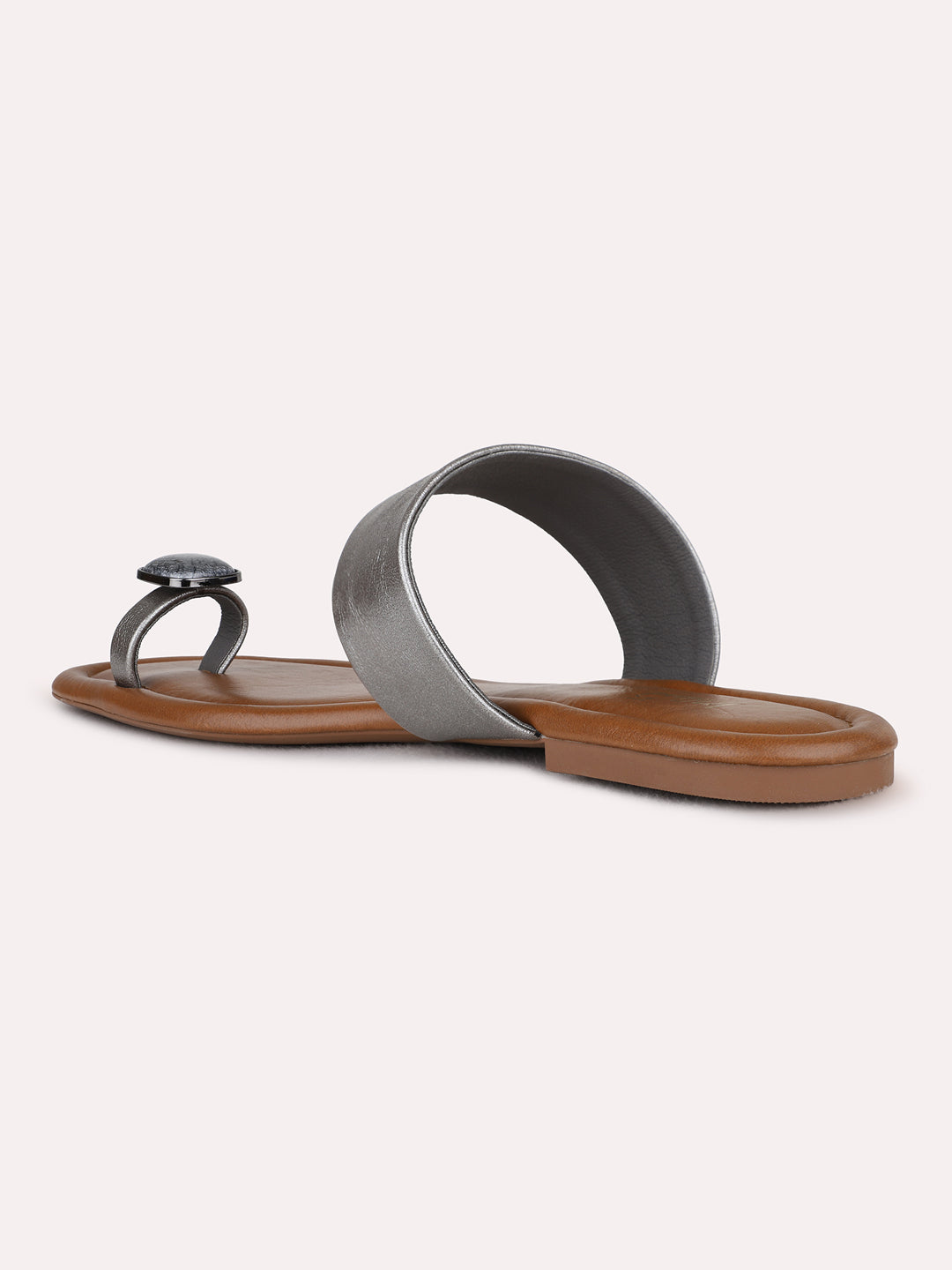 Womens Pewter Casual Solid One Toe Flat Slip On Sandals