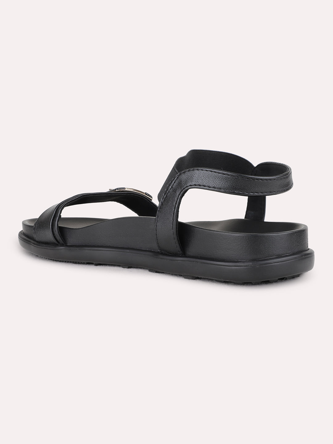 Womens Black Casual Solid Open Toe Flat Sandals