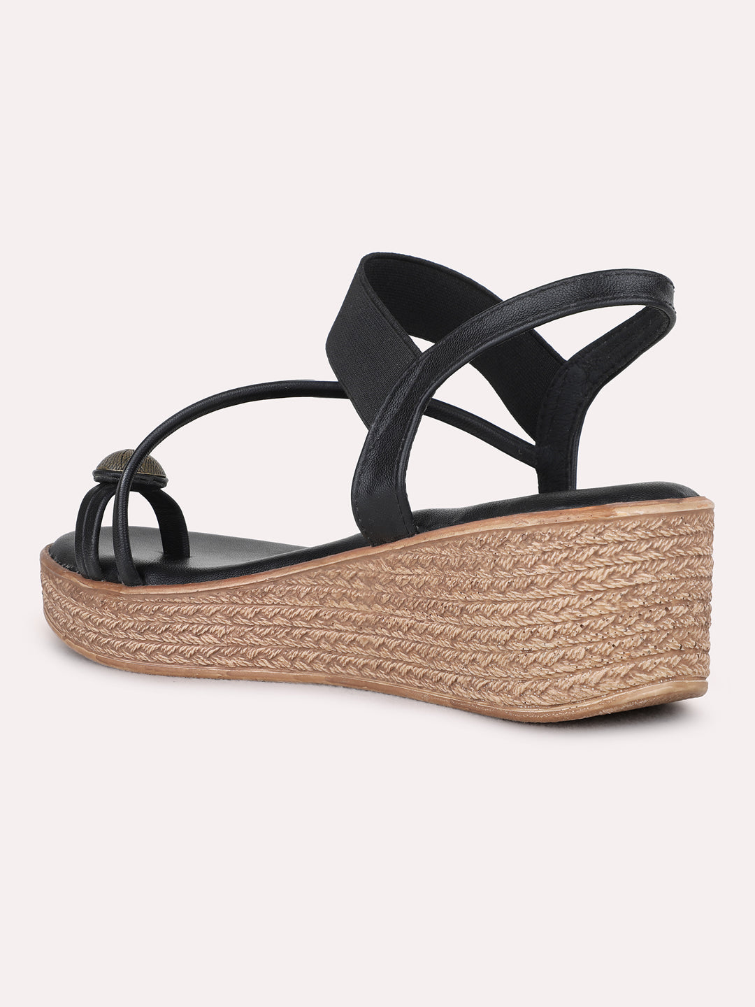 Womens Black Ethnic Striped Round Toe Wedge Heel Sandals