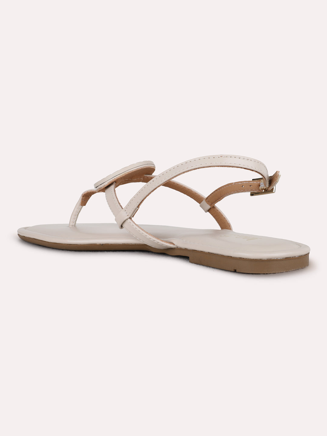 Womens Beige Casual Solid T-Strap Flat Sandals