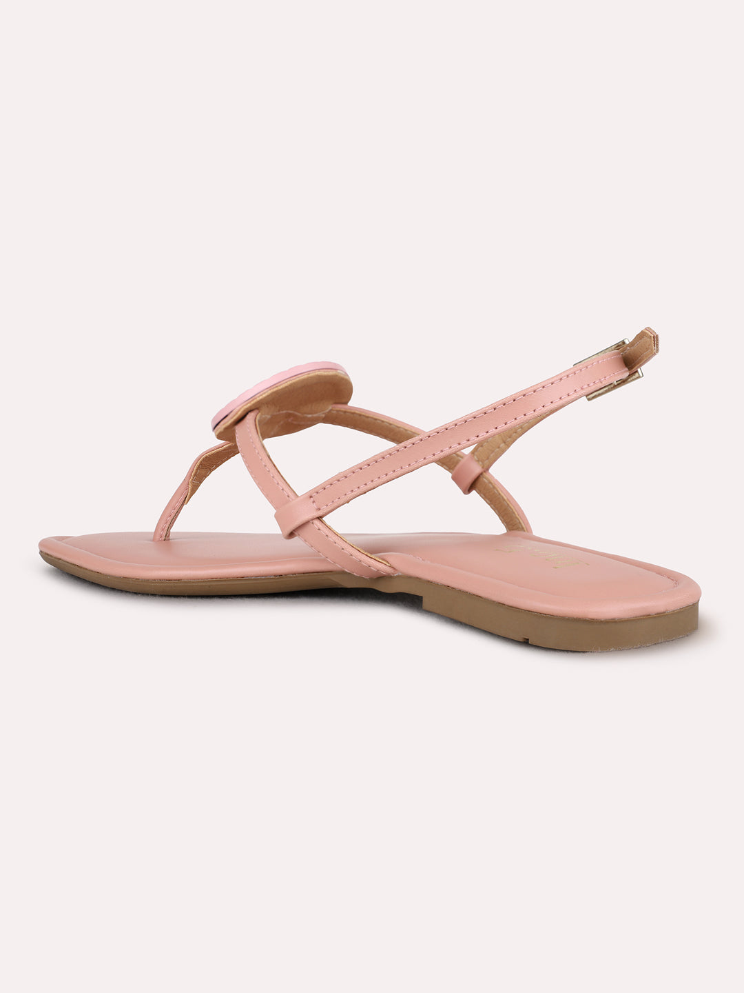 Womens Peach Casual Solid T-Strap Flat Sandals
