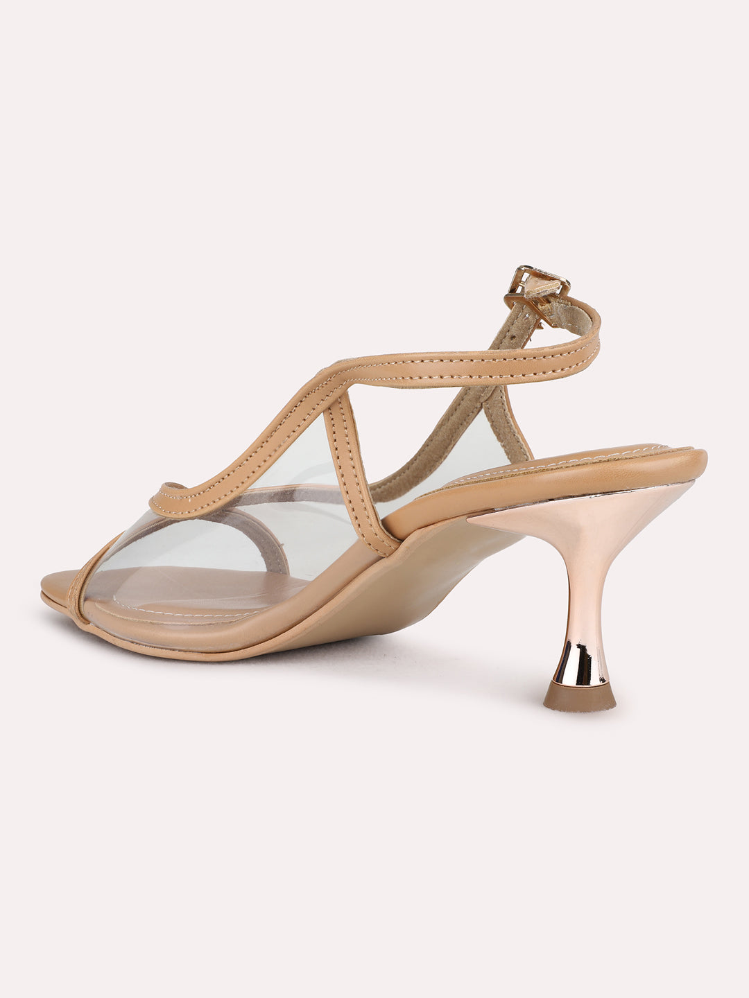 Womens Beige Party Wear Solid Square Toe Kitten Heel Sandals
