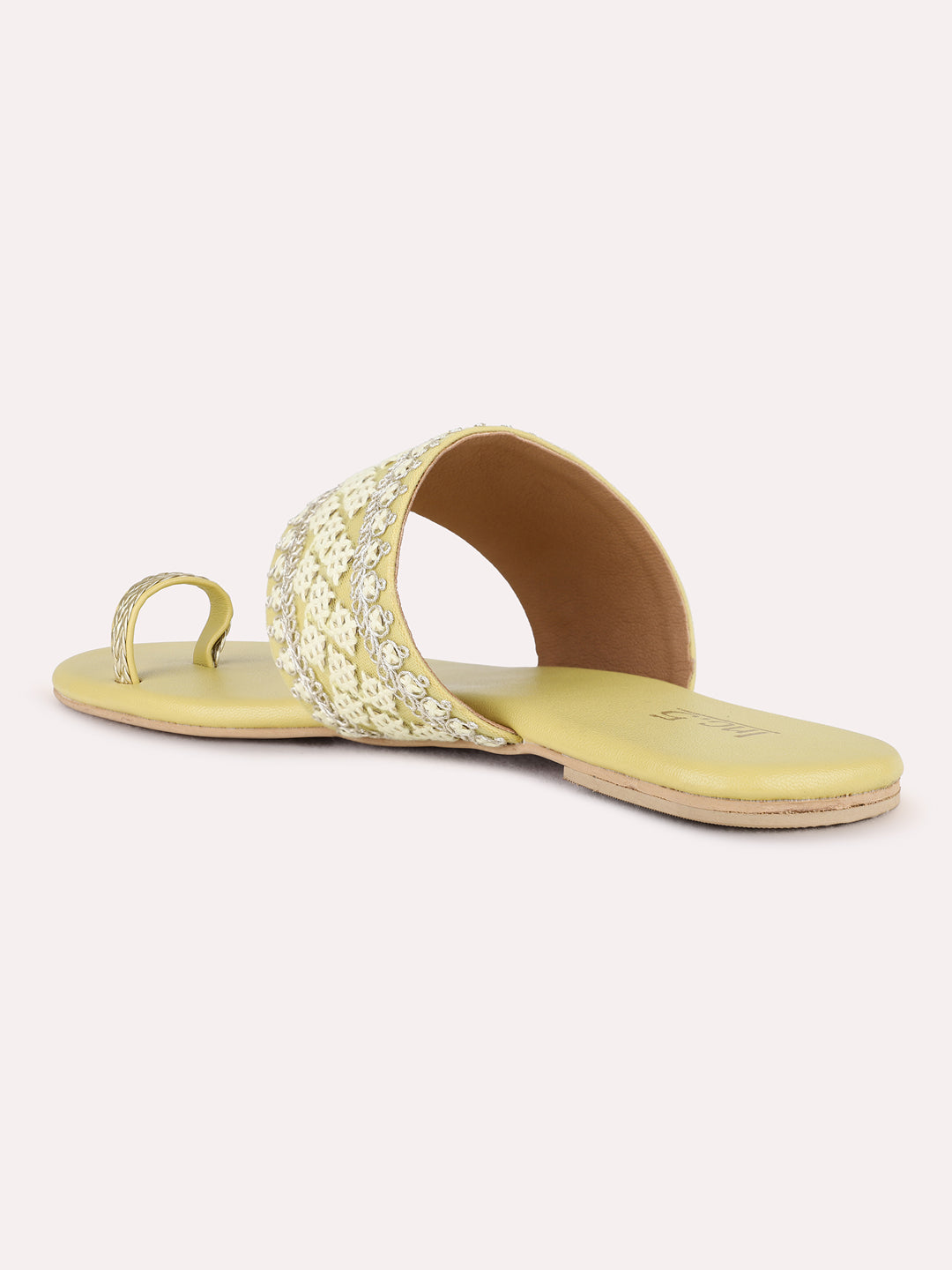 Womens Yellow Ethnic Embroidered One Toe Flat Slip-On Sandals