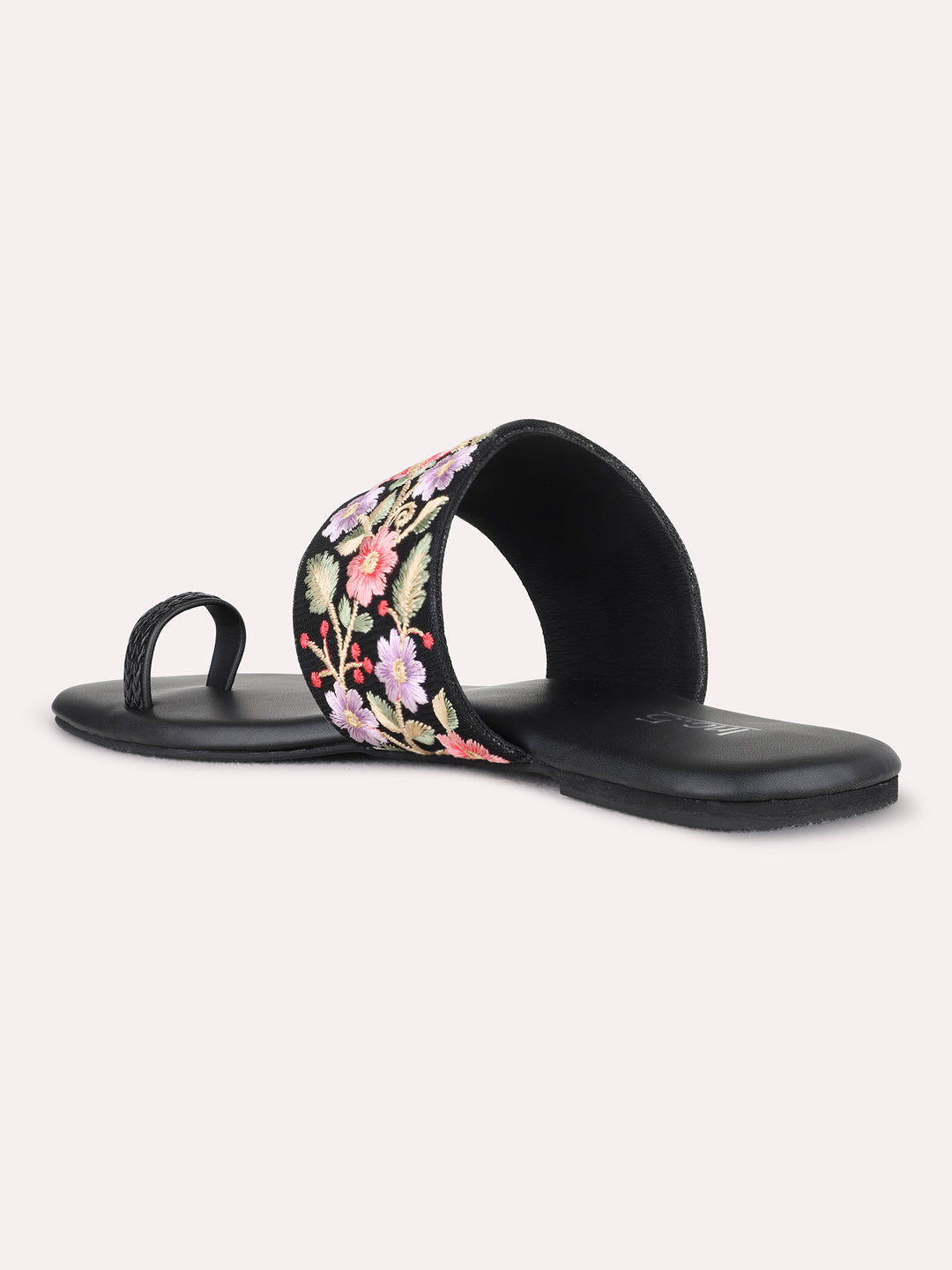 Womens Black Ethnic Solid One Toe Flat Slip-On Sandals