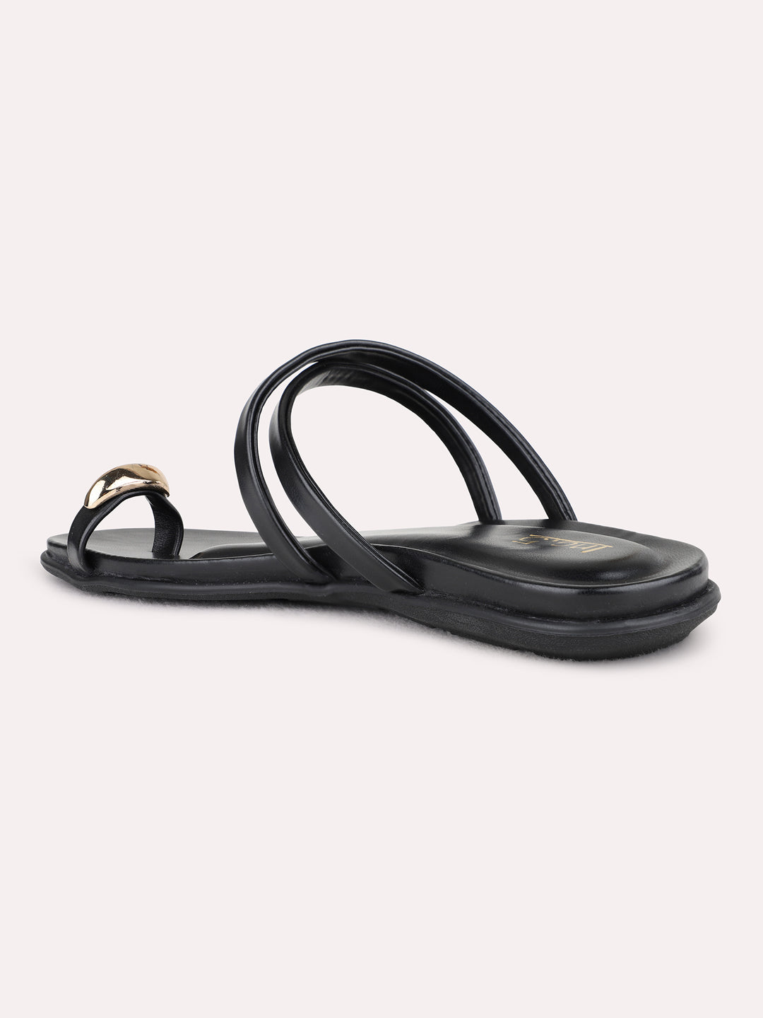 Womens Black Casual Striped One Toe Flat Slip-On Sandals