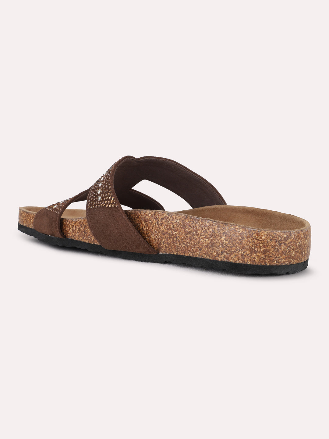 Womens Brown Ethnic Embellished Open Toe Flat Slip-On Sandals