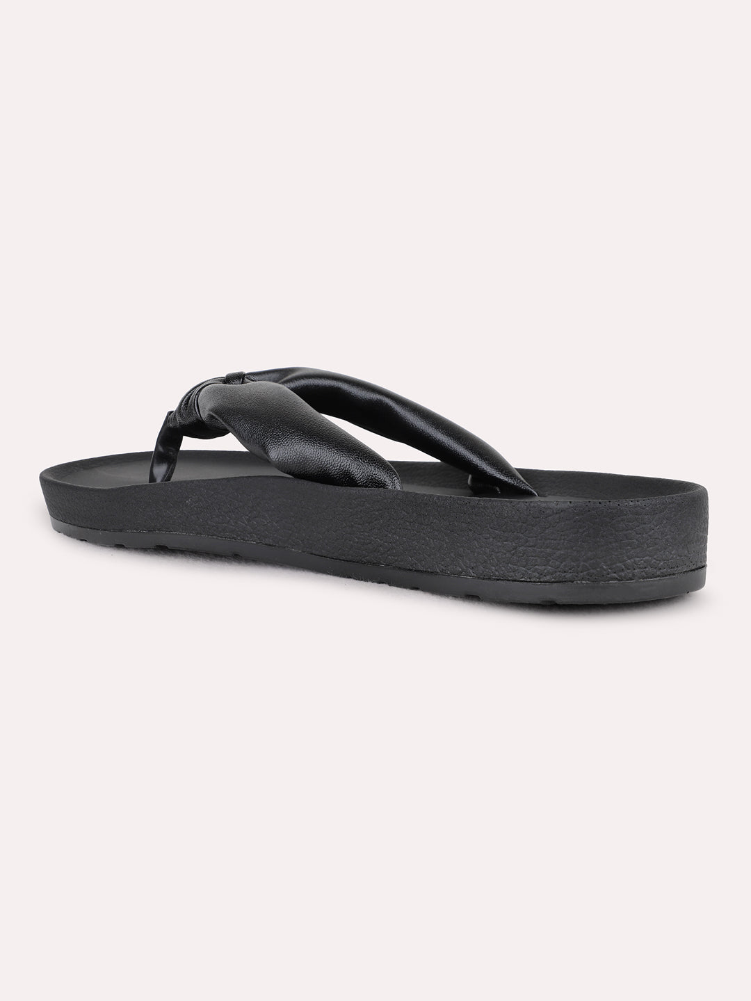 Womens Black Casual Solid T-Strap Slip-On Sandals