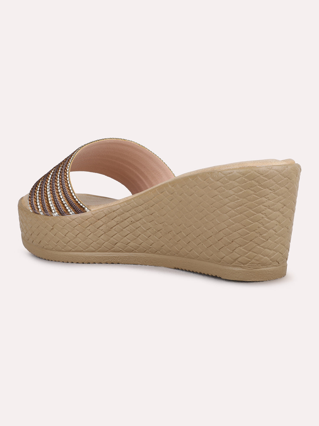 Womens Golden Ethnic Embellished Pattern Wedge Heel Sandals