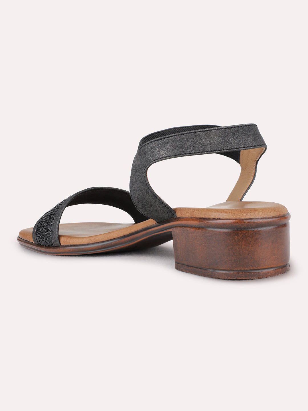 Womens Black Casual Embellished Block Heel Sandals