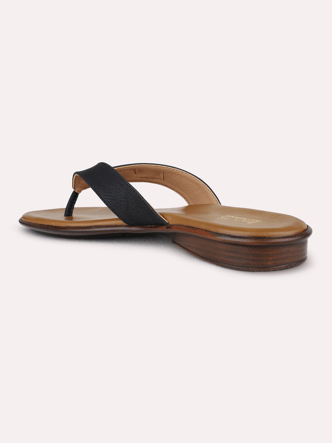 Womens Black Casual T-Strap Flat Slip-On Sandals