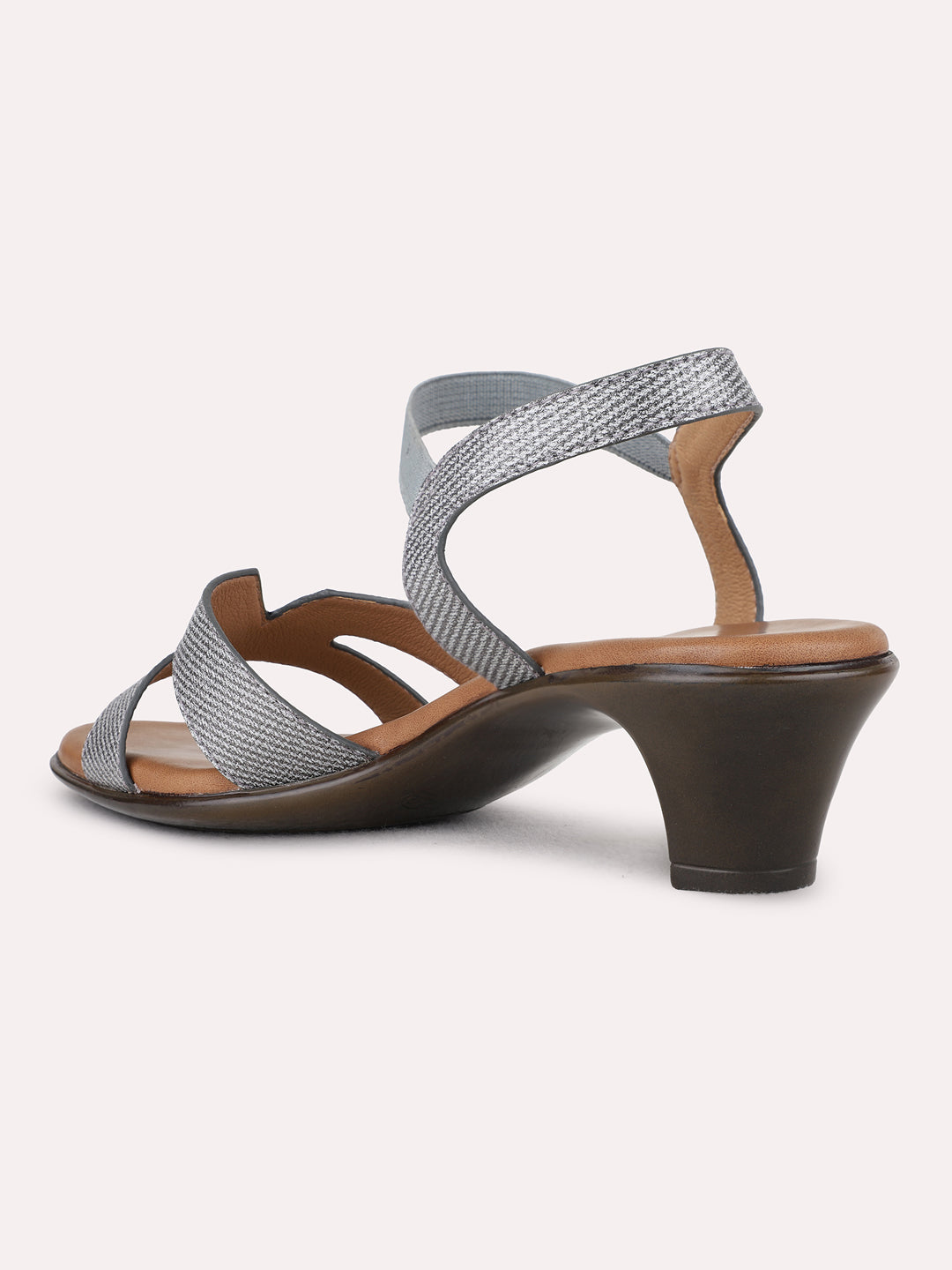 Womens Grey Party Wear Striped Kitten Heel Sandals