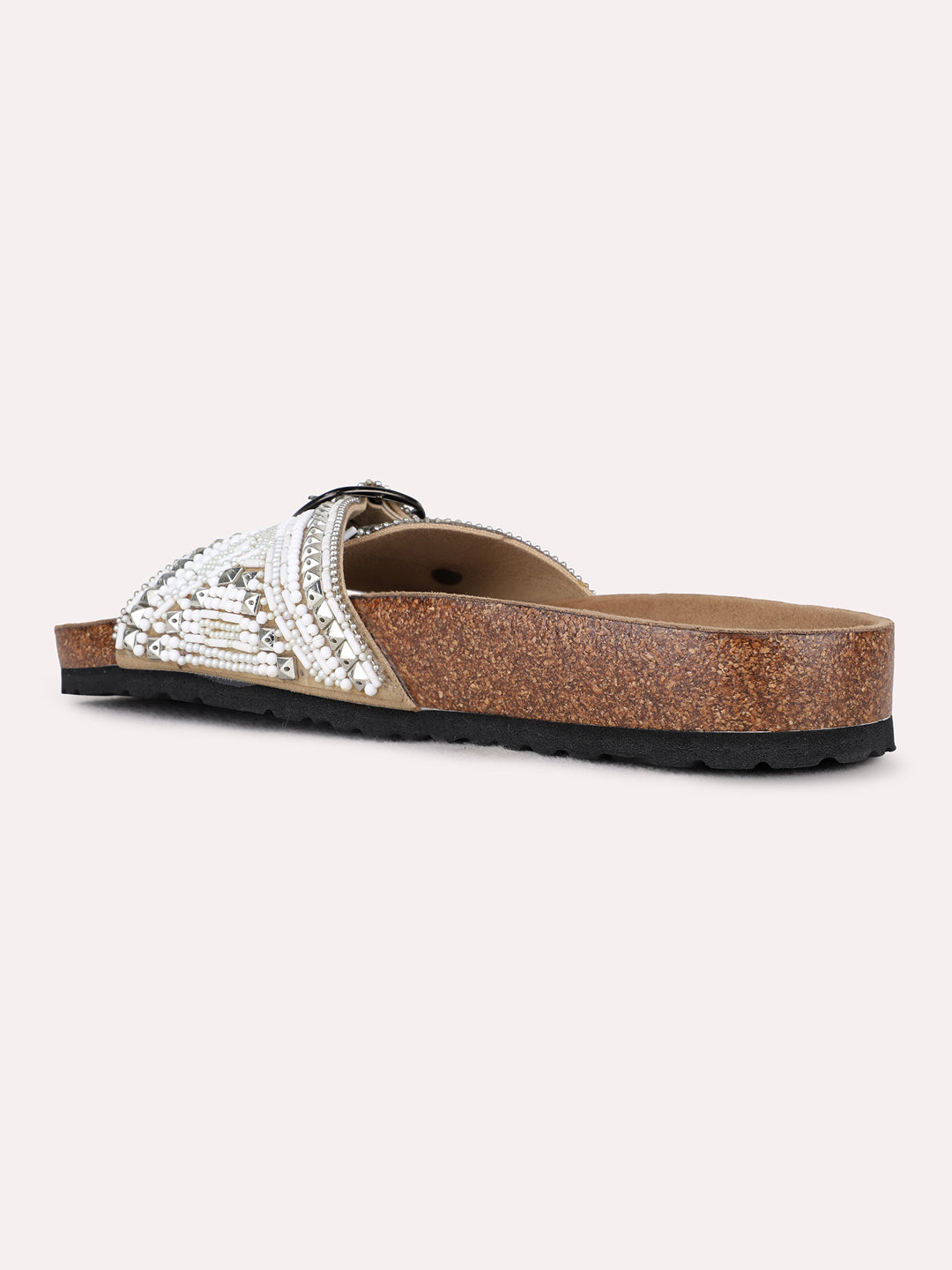 Womens Beige Casual Embellished Open Toe Flats